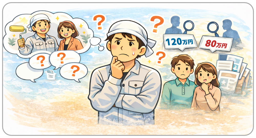 自社の強みの伝え方に悩んでいるイメージ